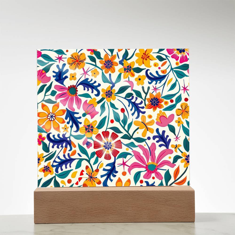 Mexican Floral Fiesta Pattern 003 - Square Acrylic Plaque With LED Base