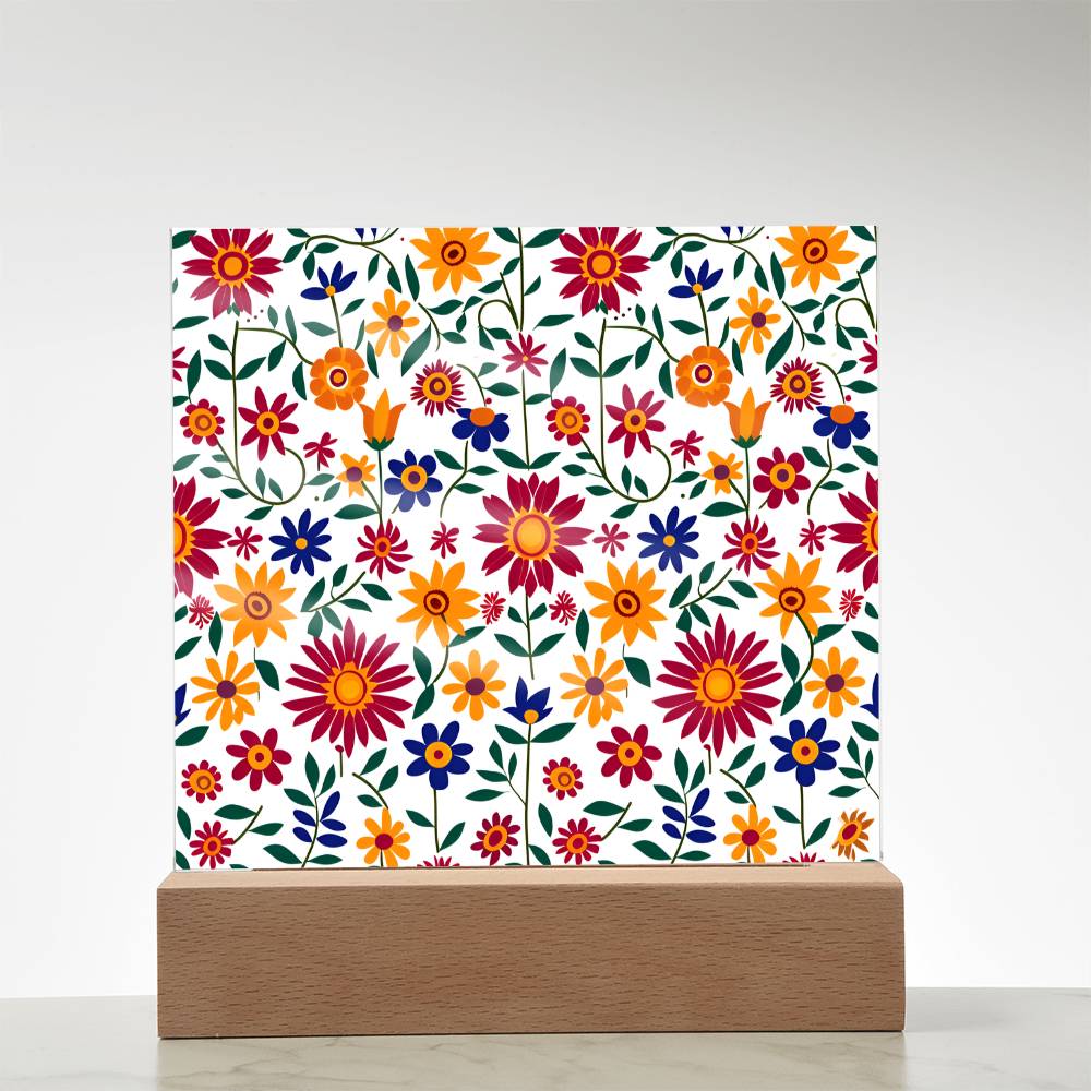 Mexican Floral Fiesta Pattern 017 - Square Acrylic Plaque With LED Base