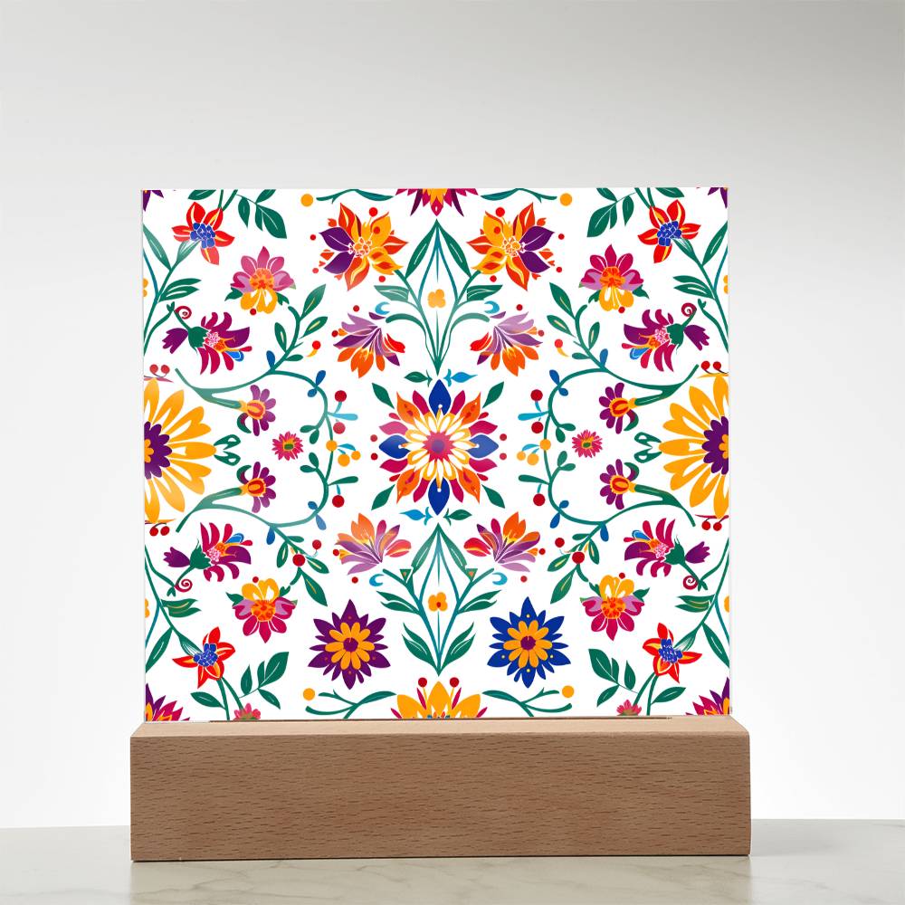 Mexican Floral Fiesta Pattern 027 - Square Acrylic Plaque With LED Base