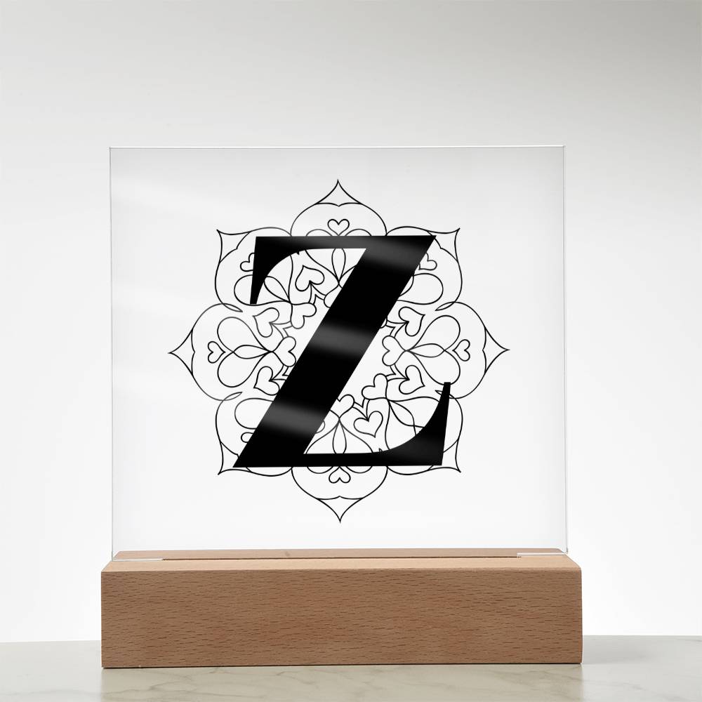 Magnolia Mandala Alphabet Letter Z - Square Acrylic Plaque With LED Base