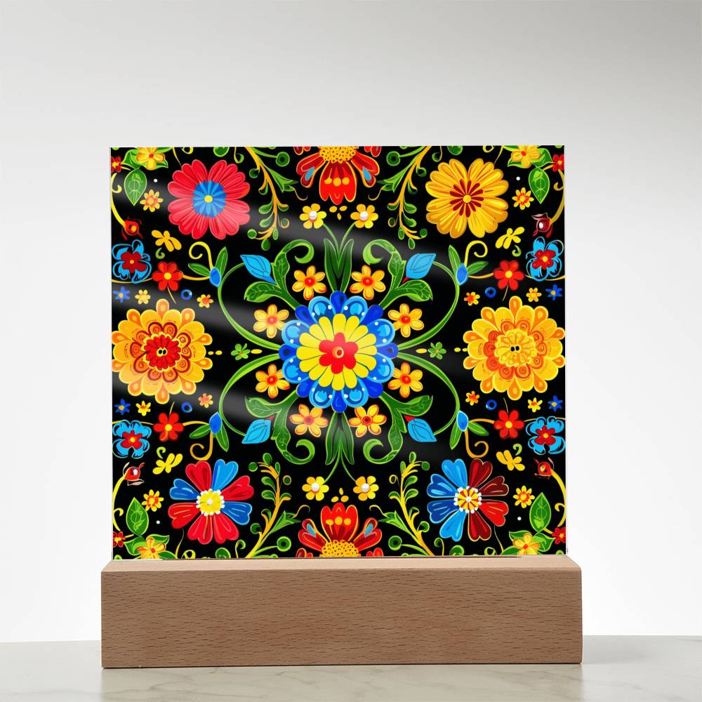 Mexican Floral Fiesta Pattern 061 - Square Acrylic Plaque With LED Base