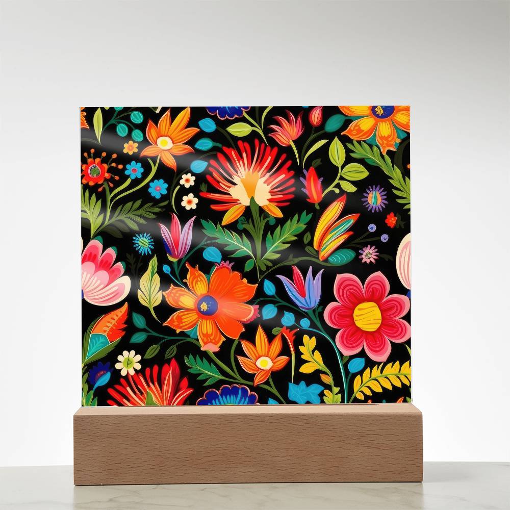 Mexican Floral Fiesta Pattern 039 - Square Acrylic Plaque With LED Base
