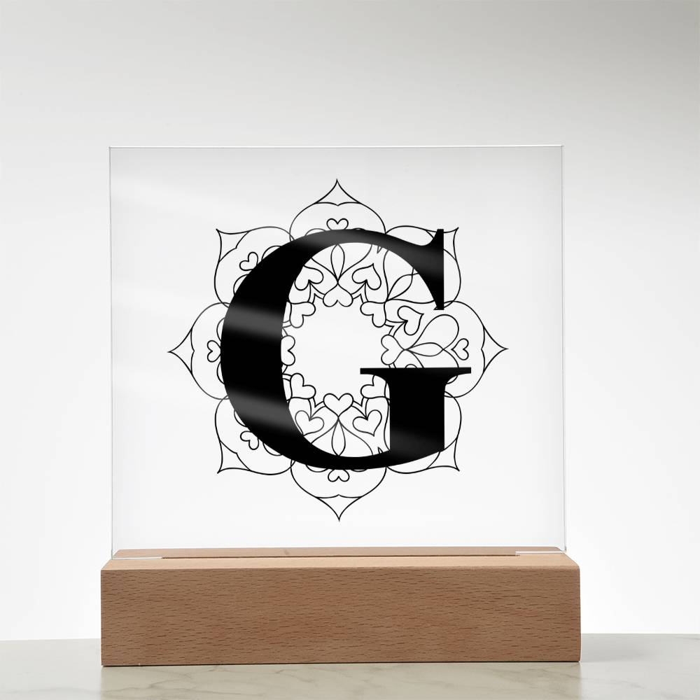 Magnolia Mandala Alphabet Letter G - Square Acrylic Plaque With LED Base