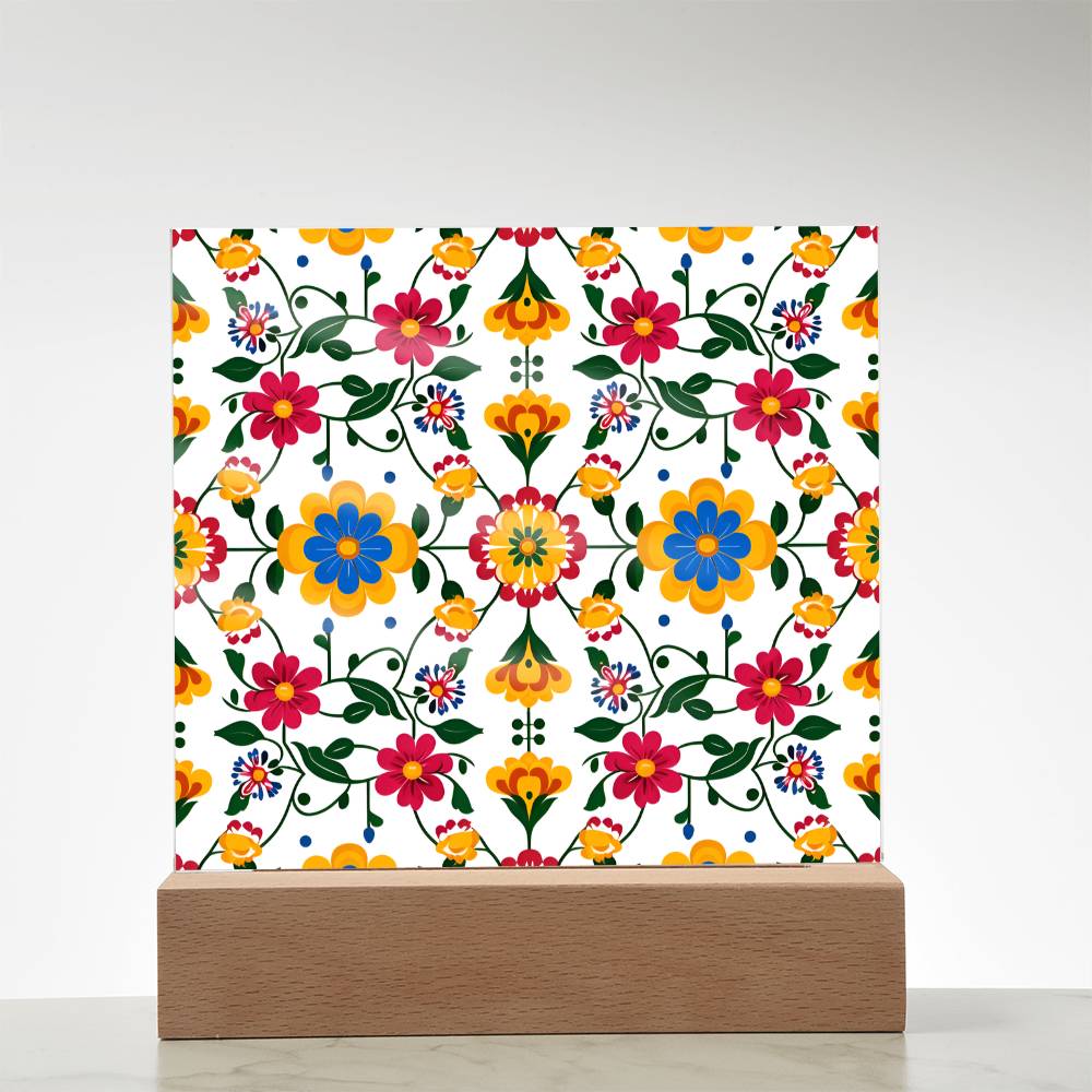 Mexican Floral Fiesta Pattern 018 - Square Acrylic Plaque With LED Base