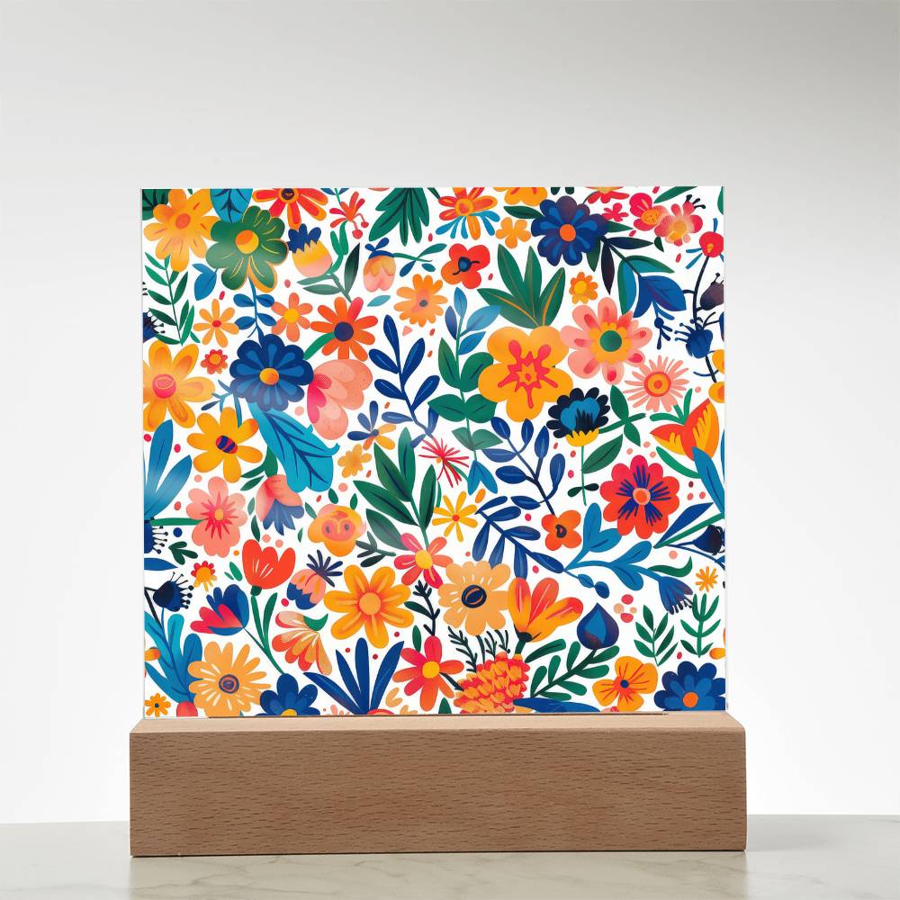 Mexican Floral Fiesta Pattern 010 - Square Acrylic Plaque With LED Base