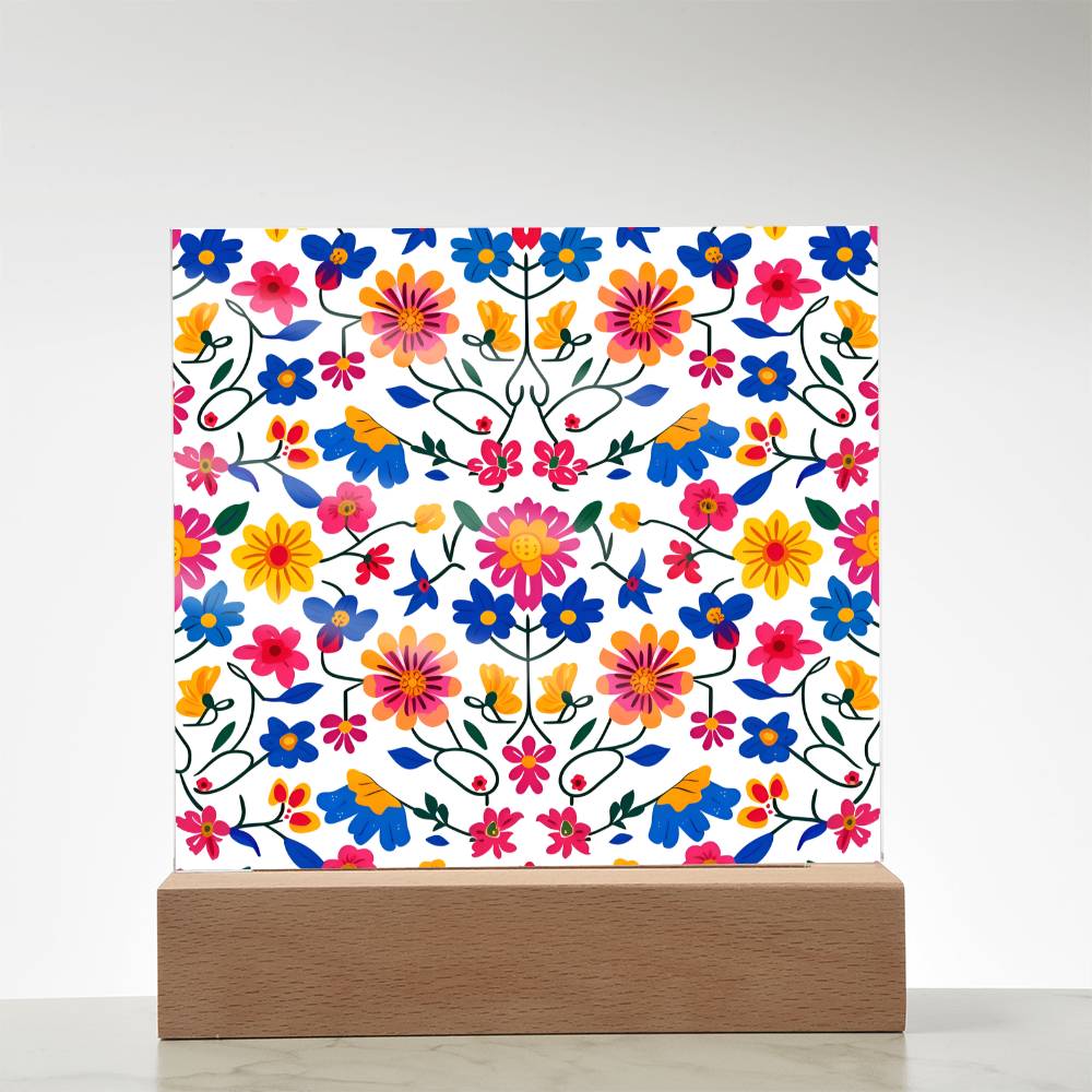 Mexican Floral Fiesta Pattern 020 - Square Acrylic Plaque With LED Base