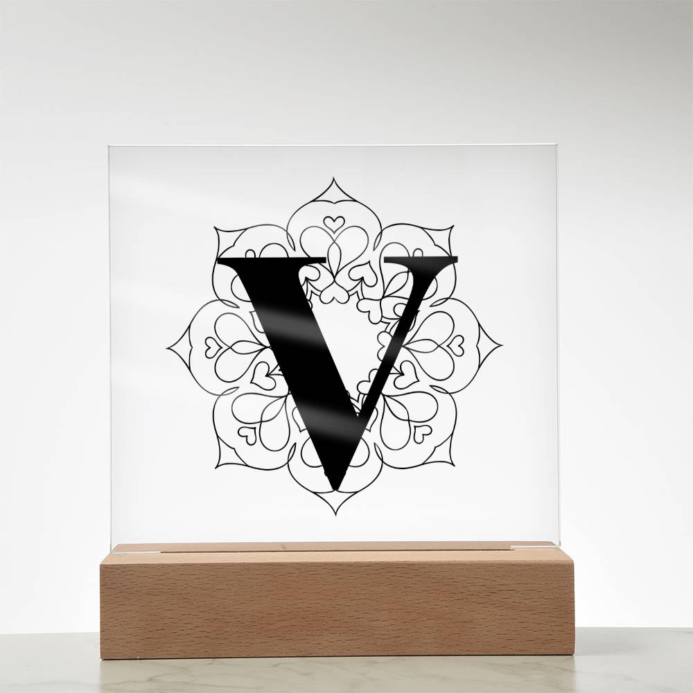 Magnolia Mandala Alphabet Letter V - Square Acrylic Plaque With LED Base