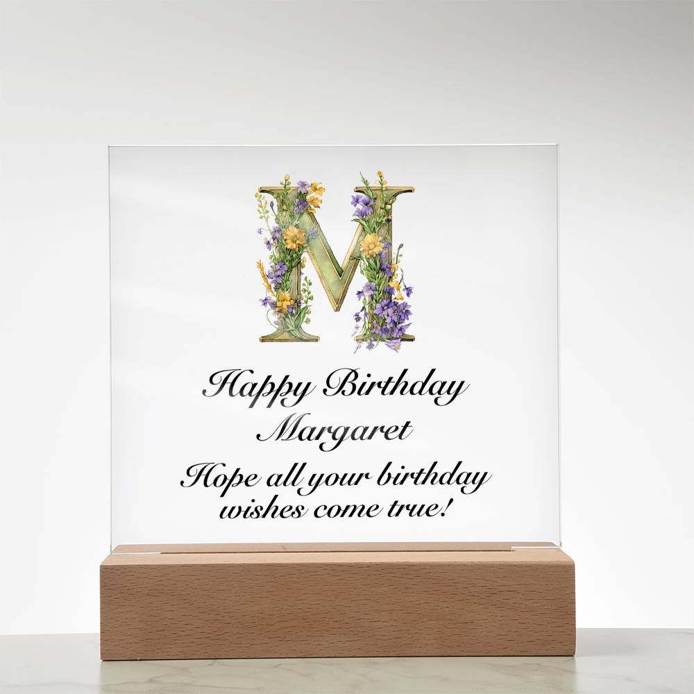 Happy Birthday Margaret (Lavender Flowers) - Square Acrylic Plaque With LED Base