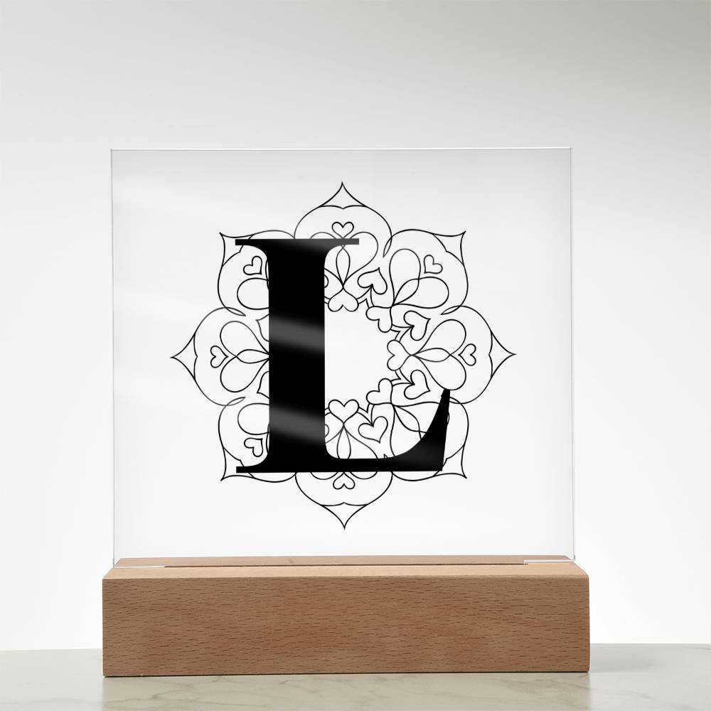 Magnolia Mandala Alphabet Letter L - Square Acrylic Plaque With LED Base