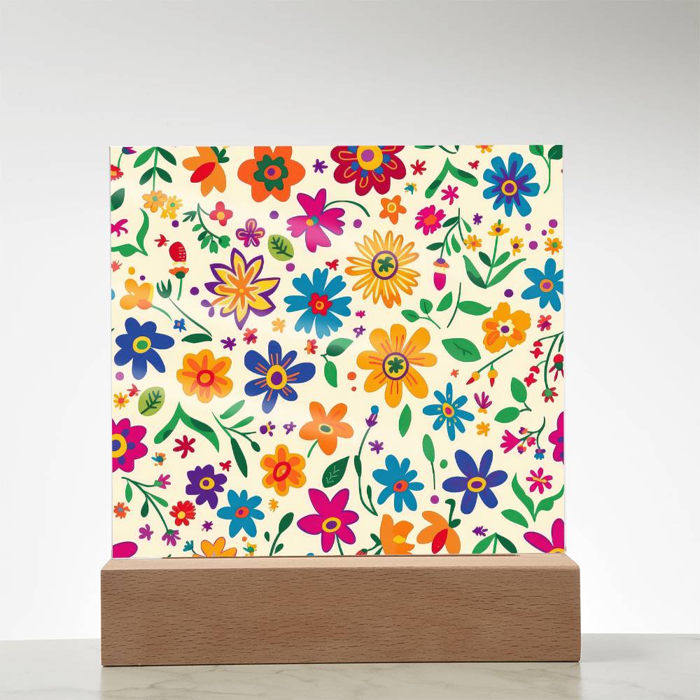 Mexican Floral Fiesta Pattern 005 - Square Acrylic Plaque With LED Base