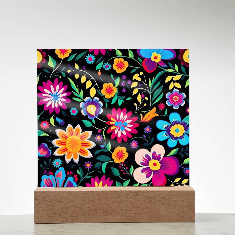 Mexican Floral Fiesta Pattern 034 - Square Acrylic Plaque With LED Base
