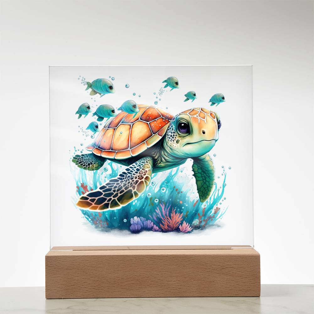 Cute Sea Turtle 001 - Square Acrylic Plaque With LED Base