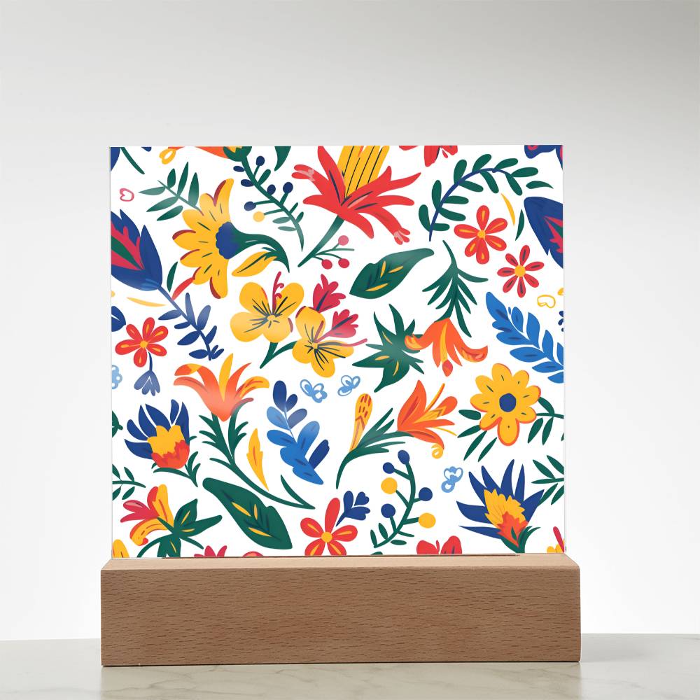 Mexican Floral Fiesta Pattern 021 - Square Acrylic Plaque With LED Base