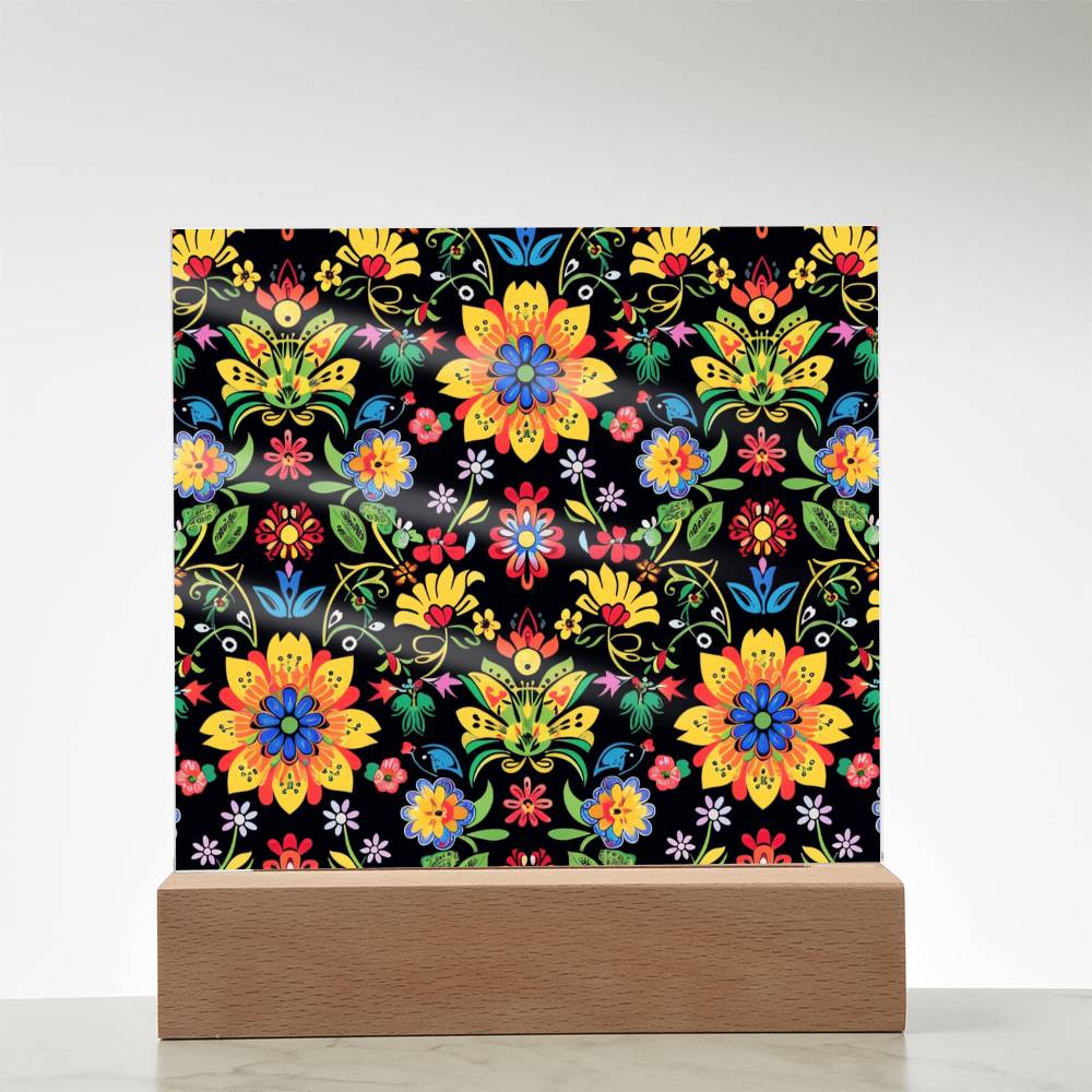 Mexican Floral Fiesta Pattern 066 - Square Acrylic Plaque With LED Base