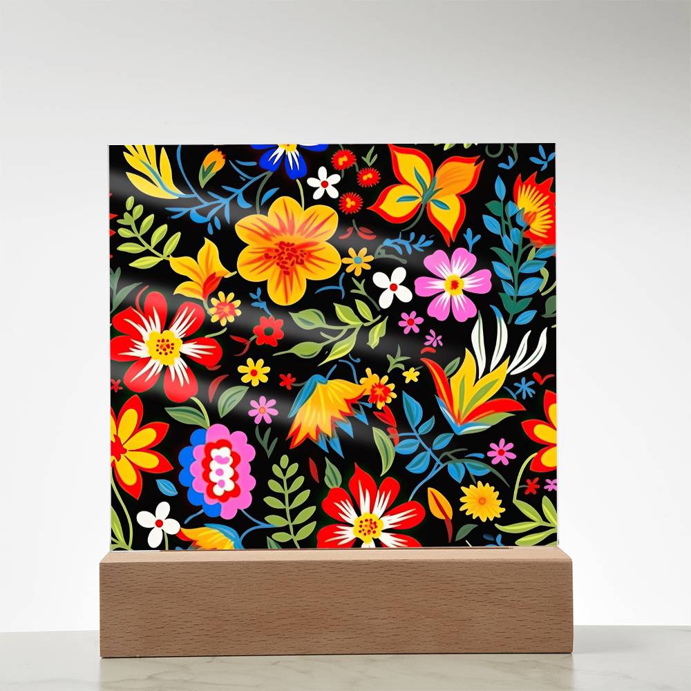 Mexican Floral Fiesta Pattern 037 - Square Acrylic Plaque With LED Base