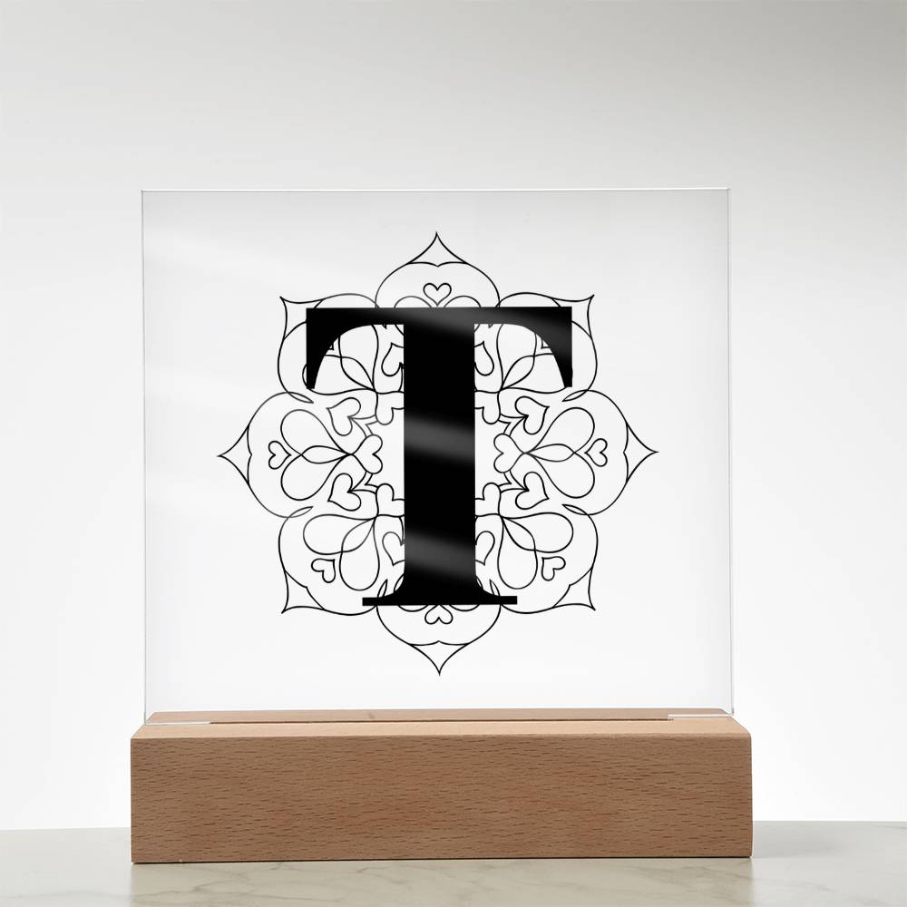 Magnolia Mandala Alphabet Letter T - Square Acrylic Plaque With LED Base