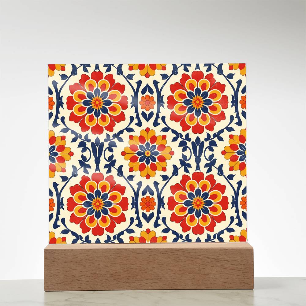 Mexican Floral Fiesta Pattern 047 - Square Acrylic Plaque With LED Base