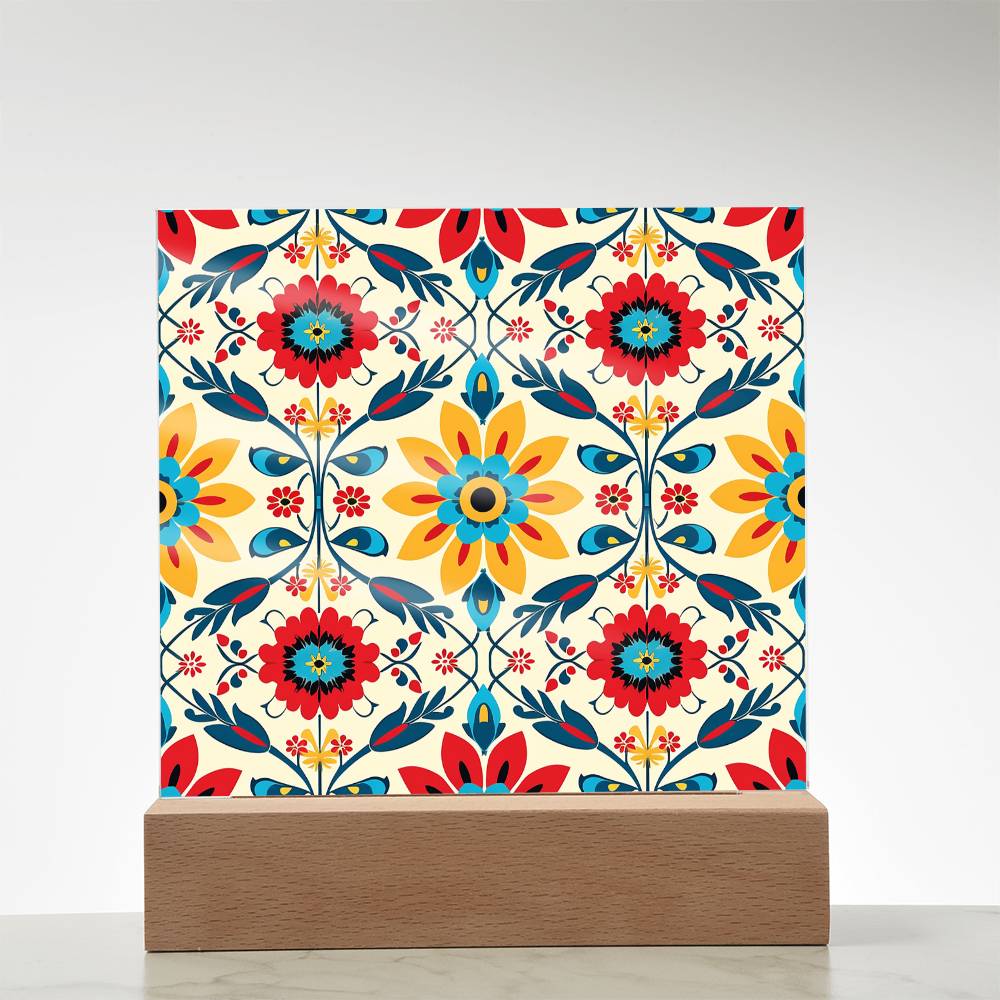 Mexican Floral Fiesta Pattern 041 - Square Acrylic Plaque With LED Base