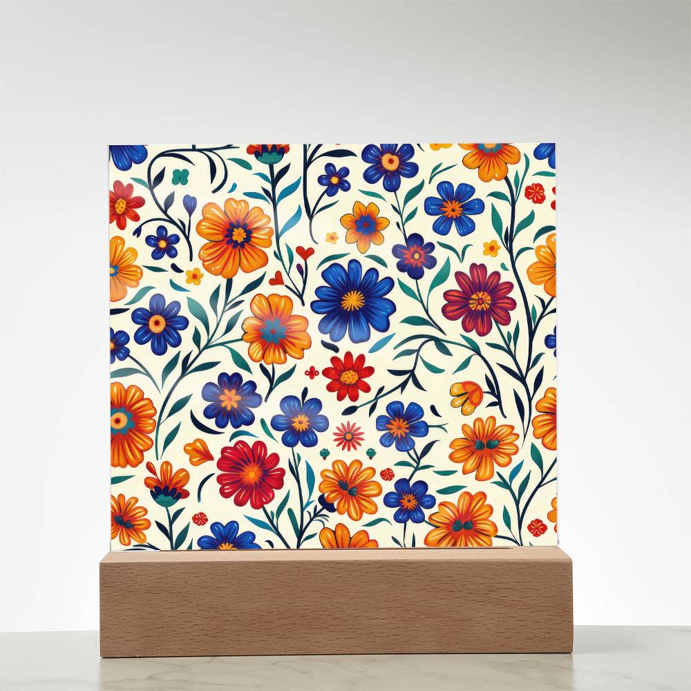 Mexican Floral Fiesta Pattern 001 - Square Acrylic Plaque With LED Base