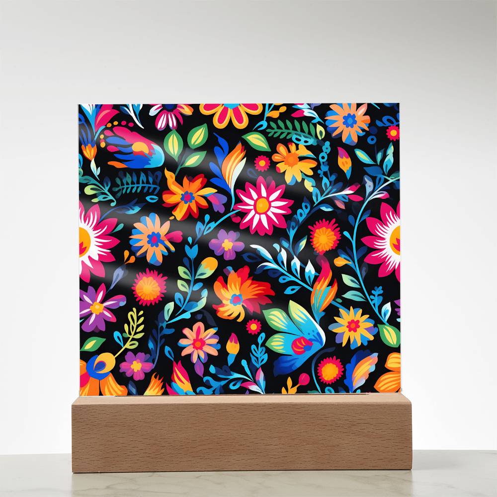 Mexican Floral Fiesta Pattern 053 - Square Acrylic Plaque With LED Base