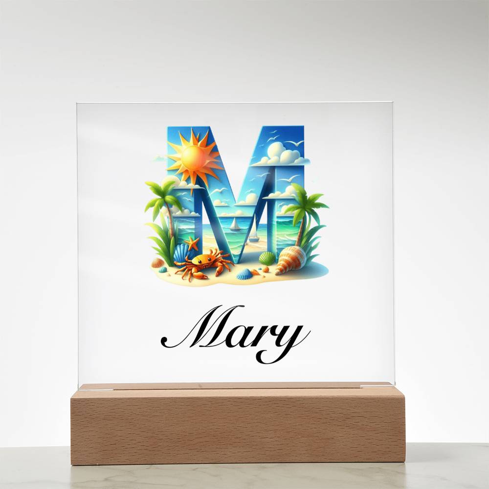 Mary (Summer Beach) - Square Acrylic Plaque With LED Base