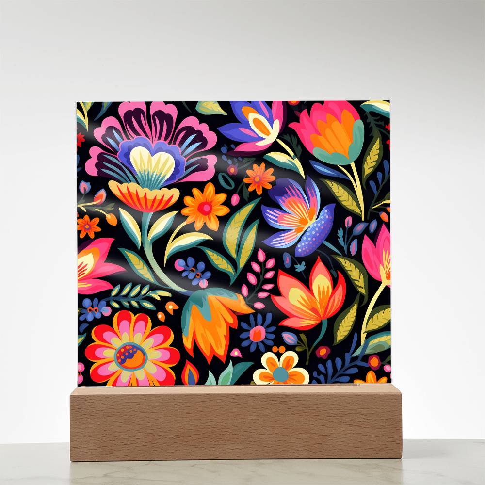 Mexican Floral Fiesta Pattern 052 - Square Acrylic Plaque With LED Base