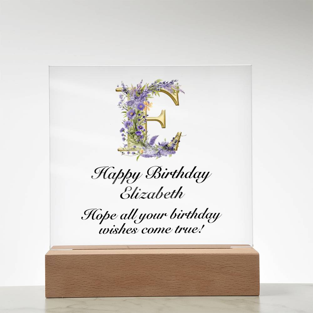 Happy Birthday Elizabeth (Lavender Flowers) - Square Acrylic Plaque With LED Base