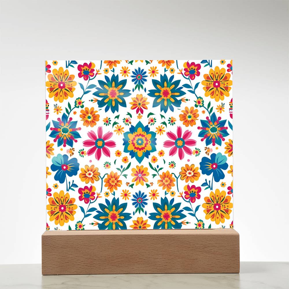 Mexican Floral Fiesta Pattern 025 - Square Acrylic Plaque With LED Base