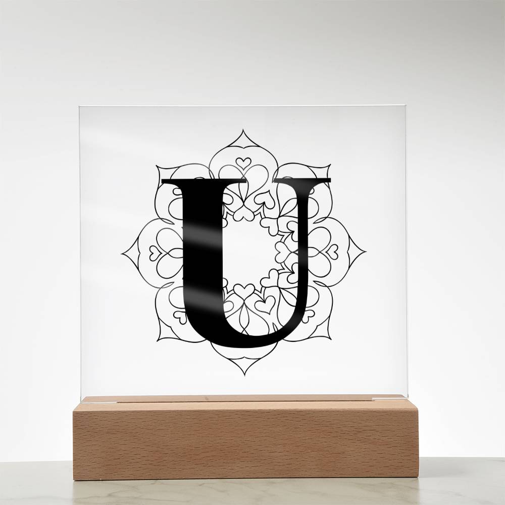 Magnolia Mandala Alphabet Letter U - Square Acrylic Plaque With LED Base