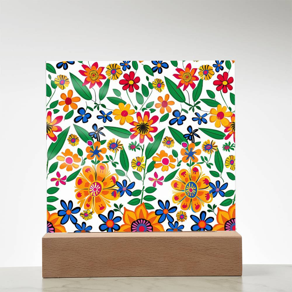 Mexican Floral Fiesta Pattern 007 - Square Acrylic Plaque With LED Base