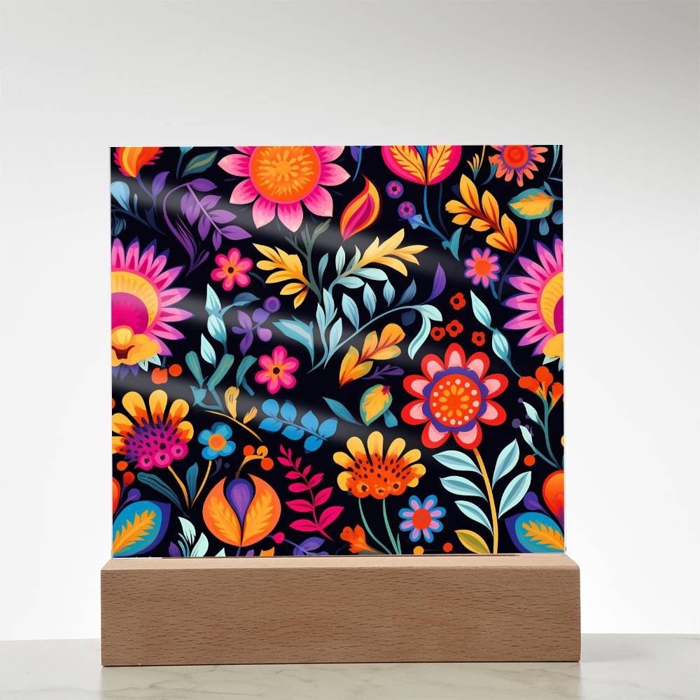 Mexican Floral Fiesta Pattern 058 - Square Acrylic Plaque With LED Base