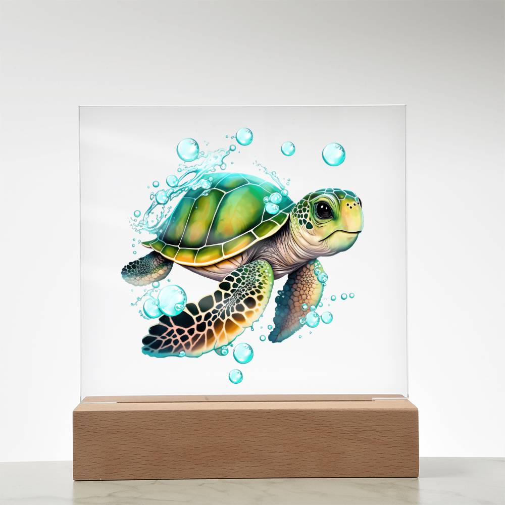 Cute Sea Turtle 005 - Square Acrylic Plaque With LED Base