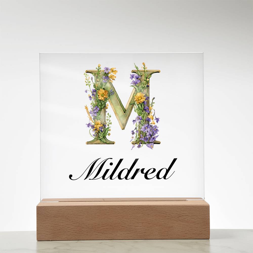 Mildred (Lavender Flowers) - Square Acrylic Plaque With LED Base