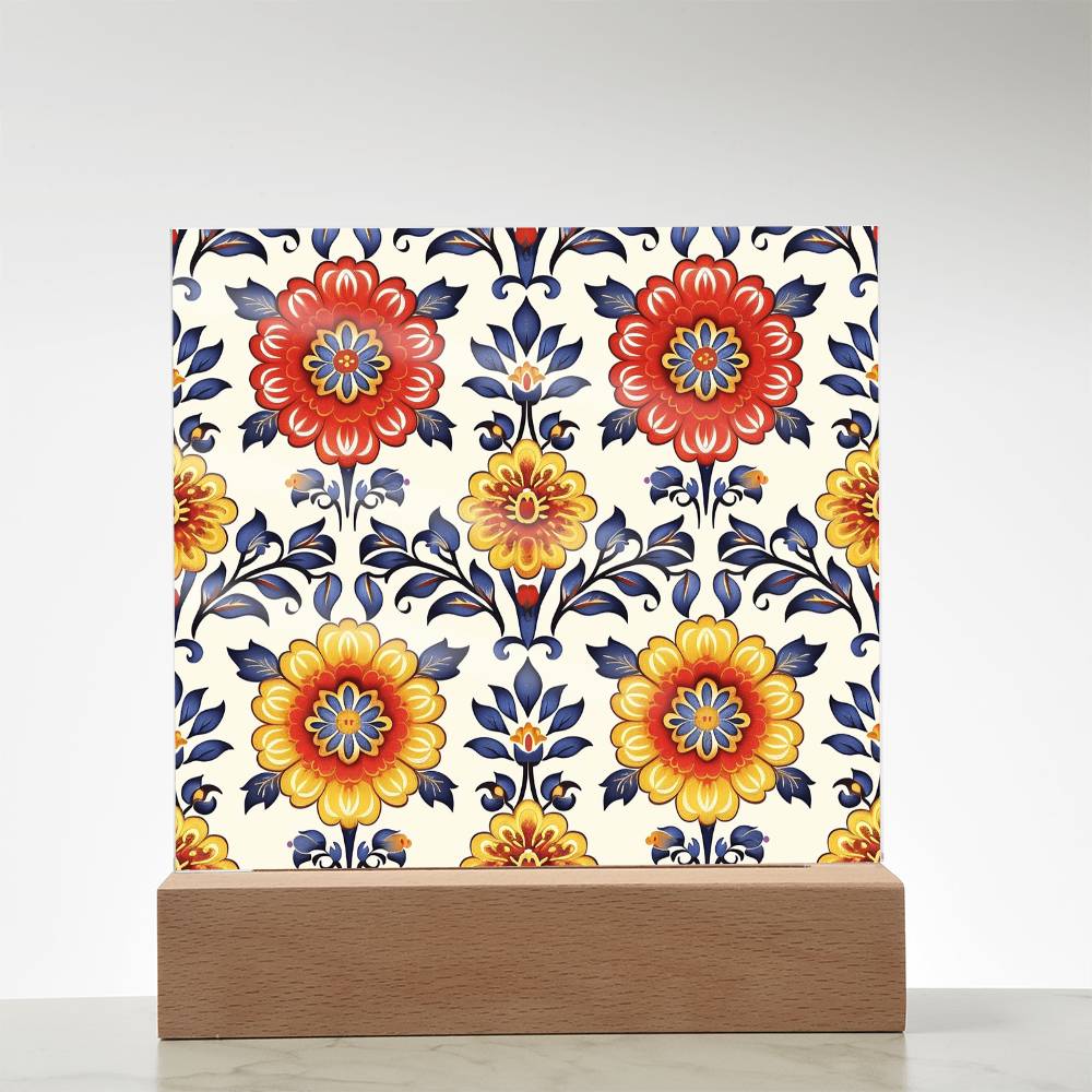 Mexican Floral Fiesta Pattern 044 - Square Acrylic Plaque With LED Base