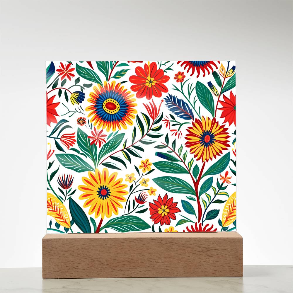 Mexican Floral Fiesta Pattern 023 - Square Acrylic Plaque With LED Base