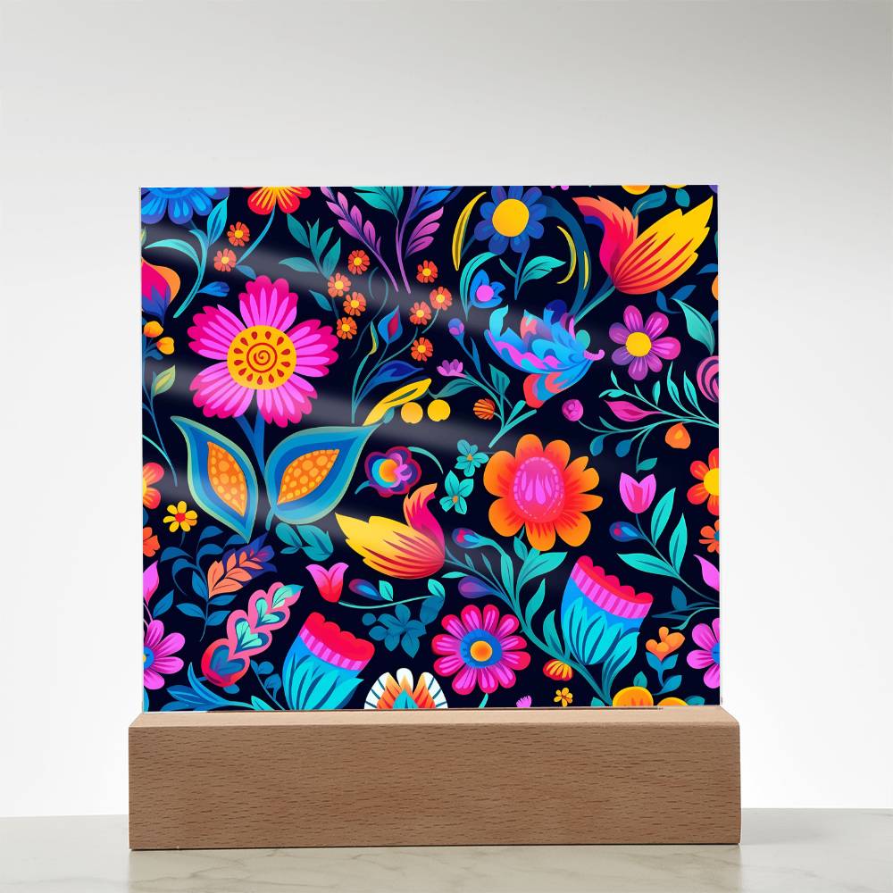 Mexican Floral Fiesta Pattern 049 - Square Acrylic Plaque With LED Base