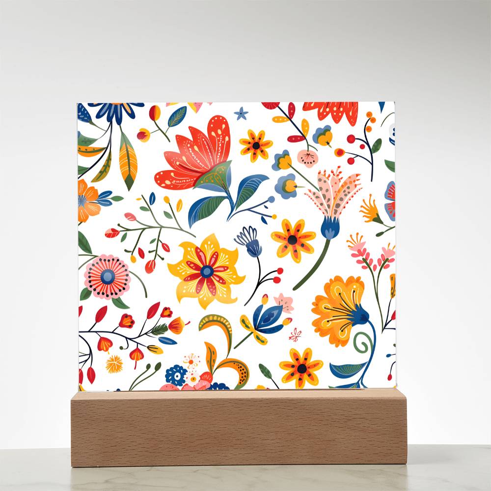 Mexican Floral Fiesta Pattern 019 - Square Acrylic Plaque With LED Base