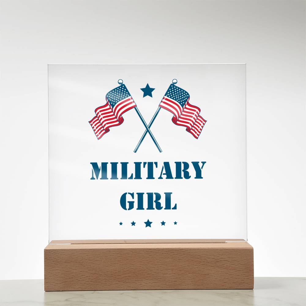 Military Girl - Square Acrylic Plaque With LED Base
