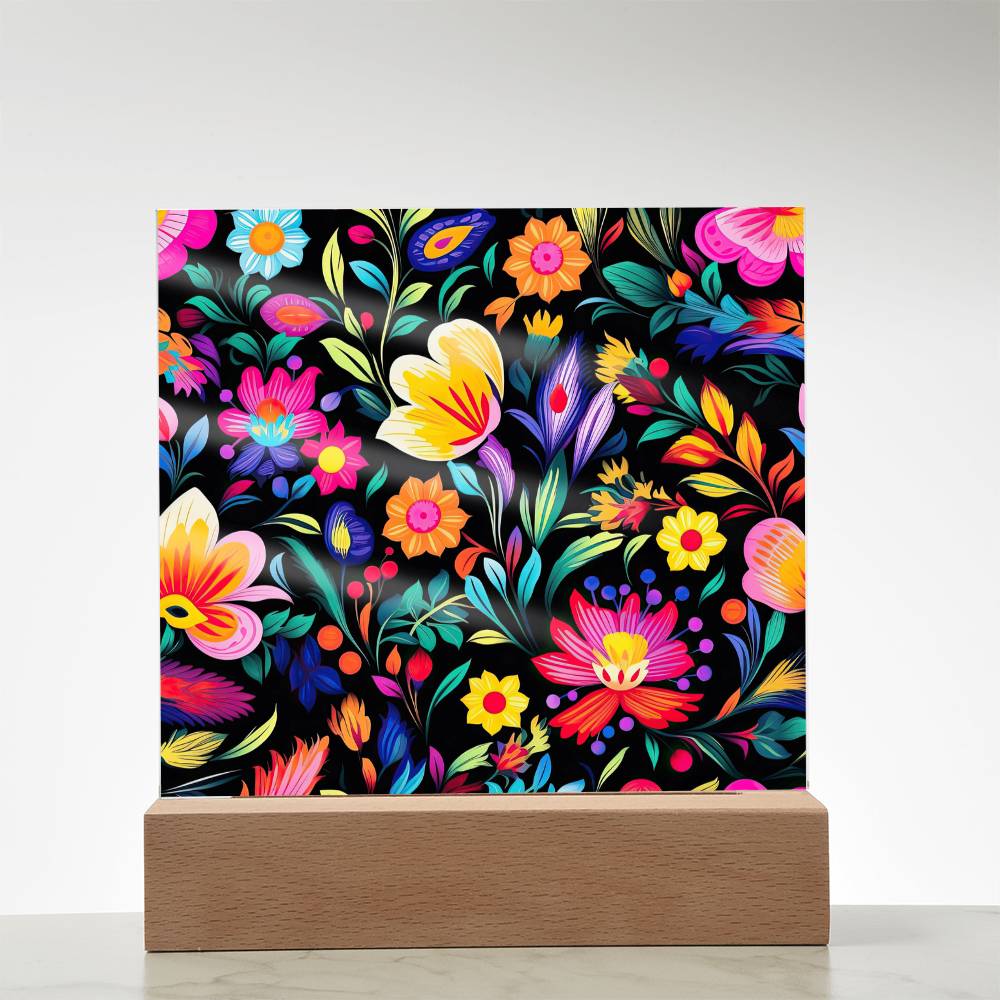 Mexican Floral Fiesta Pattern 031 - Square Acrylic Plaque With LED Base