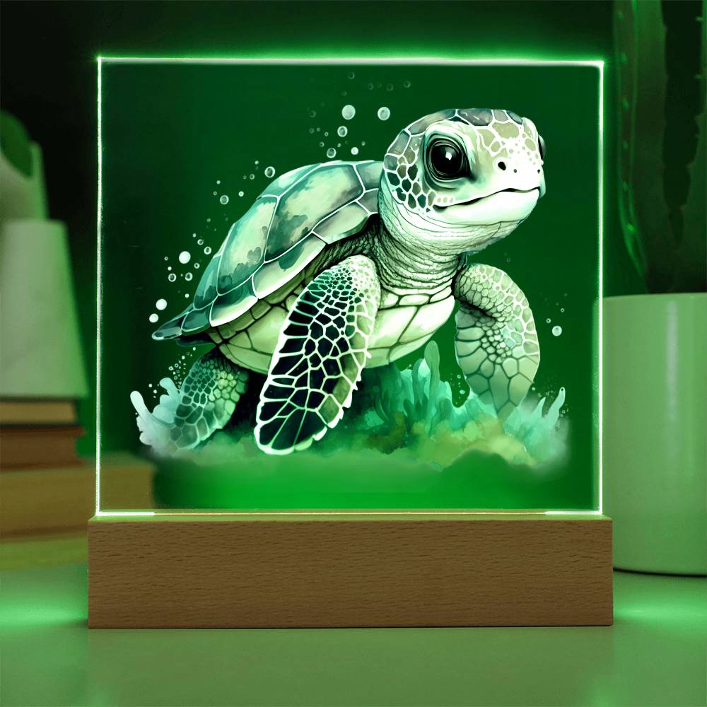 Cute Sea Turtle 014 - Square Acrylic Plaque With LED Base