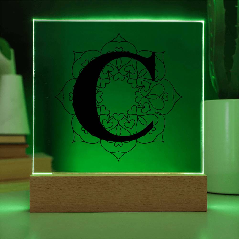 Magnolia Mandala Alphabet Letter C - Square Acrylic Plaque With LED Base