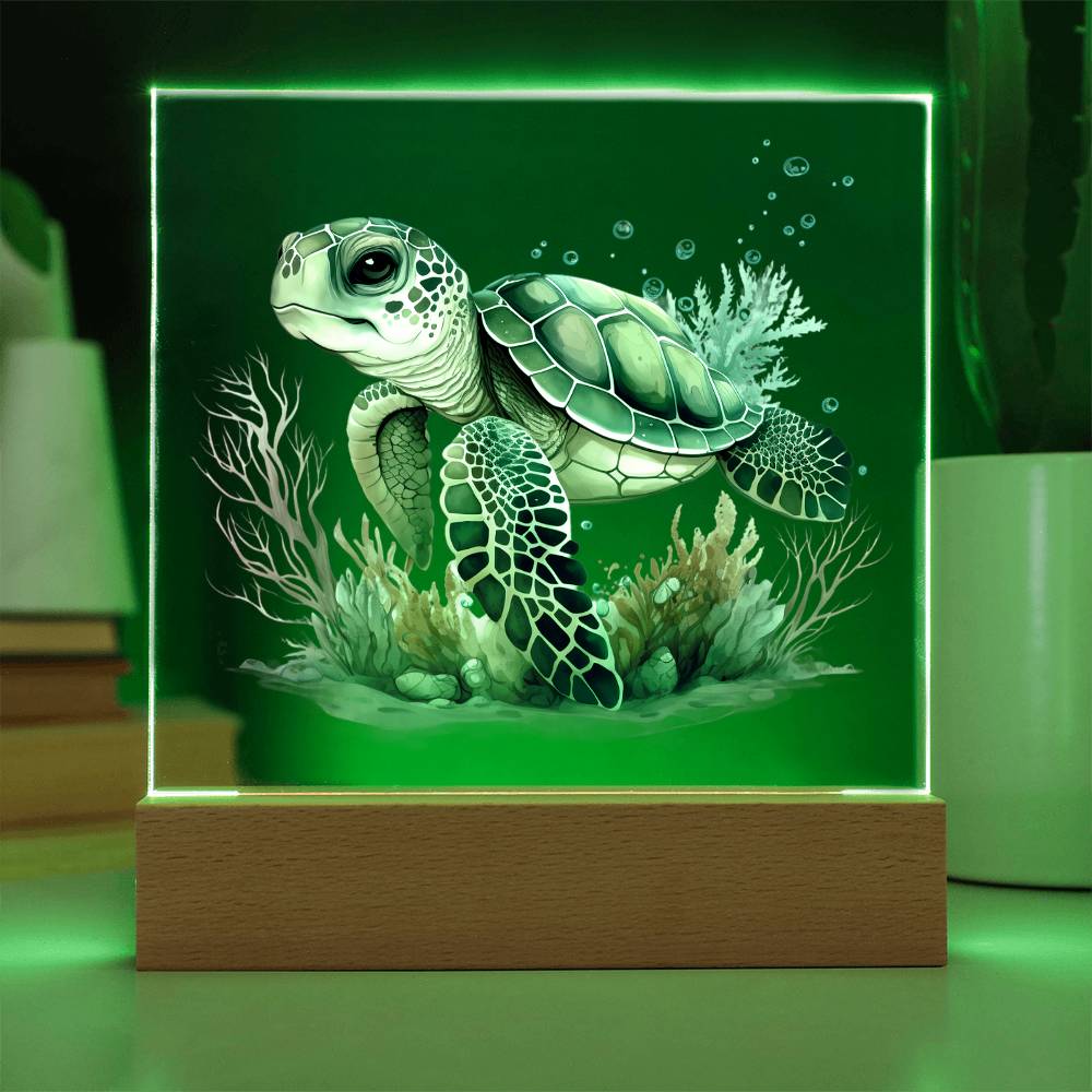 Cute Sea Turtle 013 - Square Acrylic Plaque With LED Base