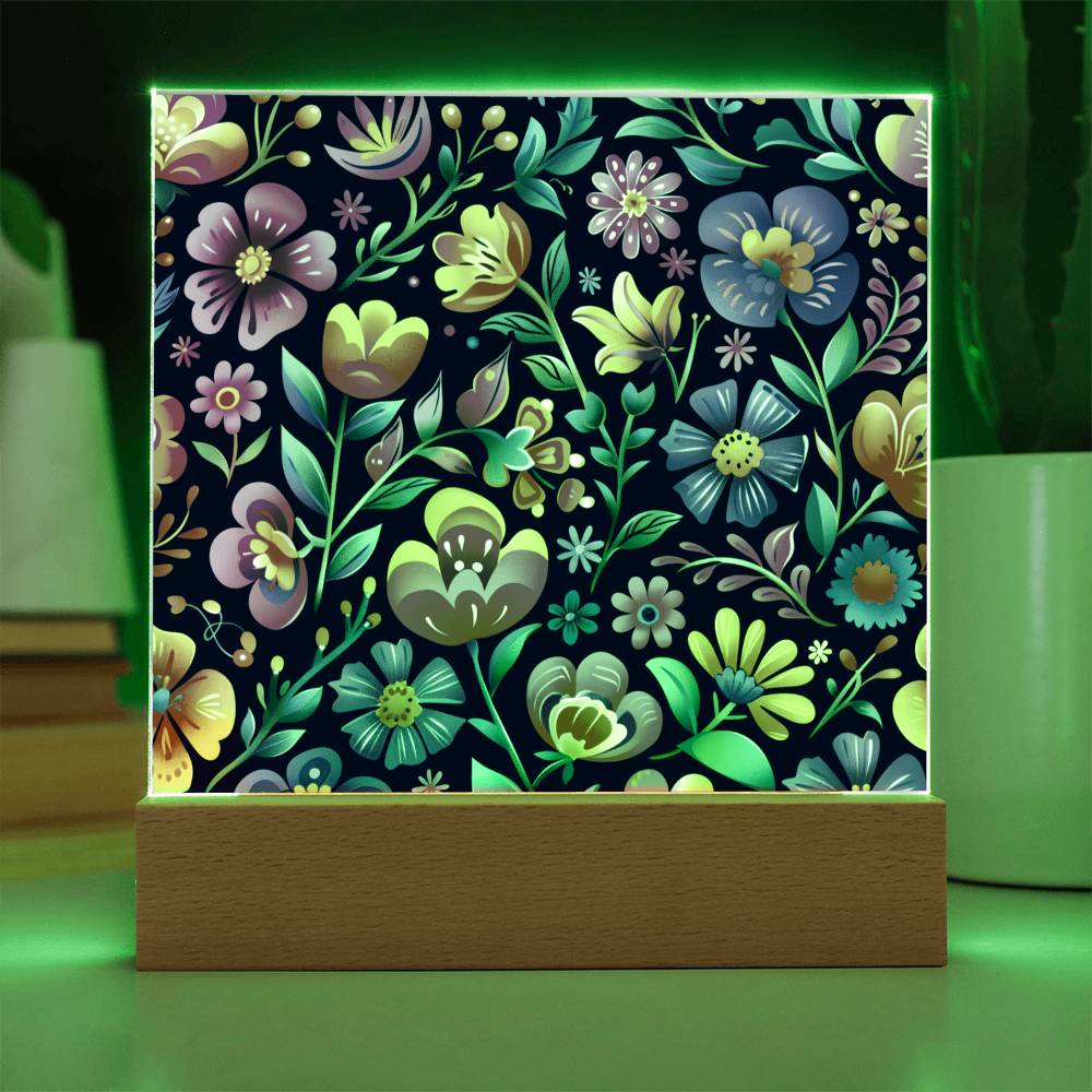 Mexican Floral Fiesta Pattern 065 - Square Acrylic Plaque With LED Base