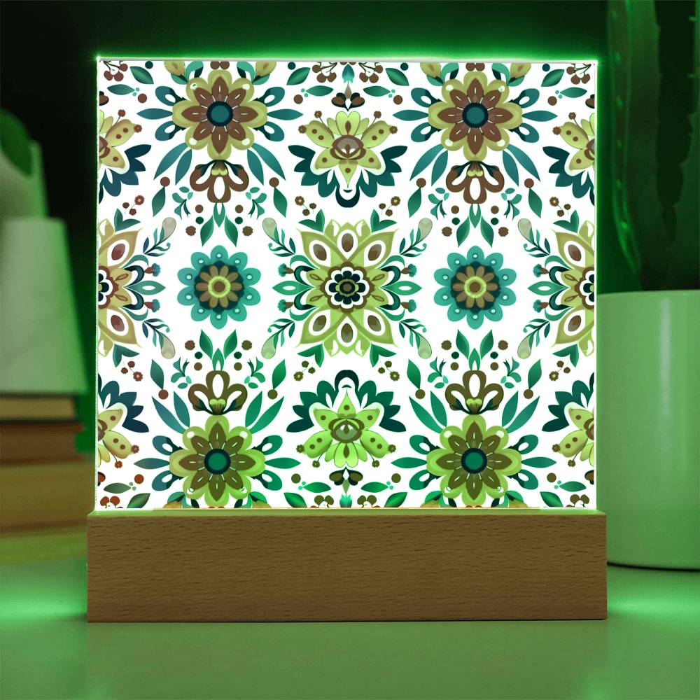Mexican Floral Fiesta Pattern 070 - Square Acrylic Plaque With LED Base
