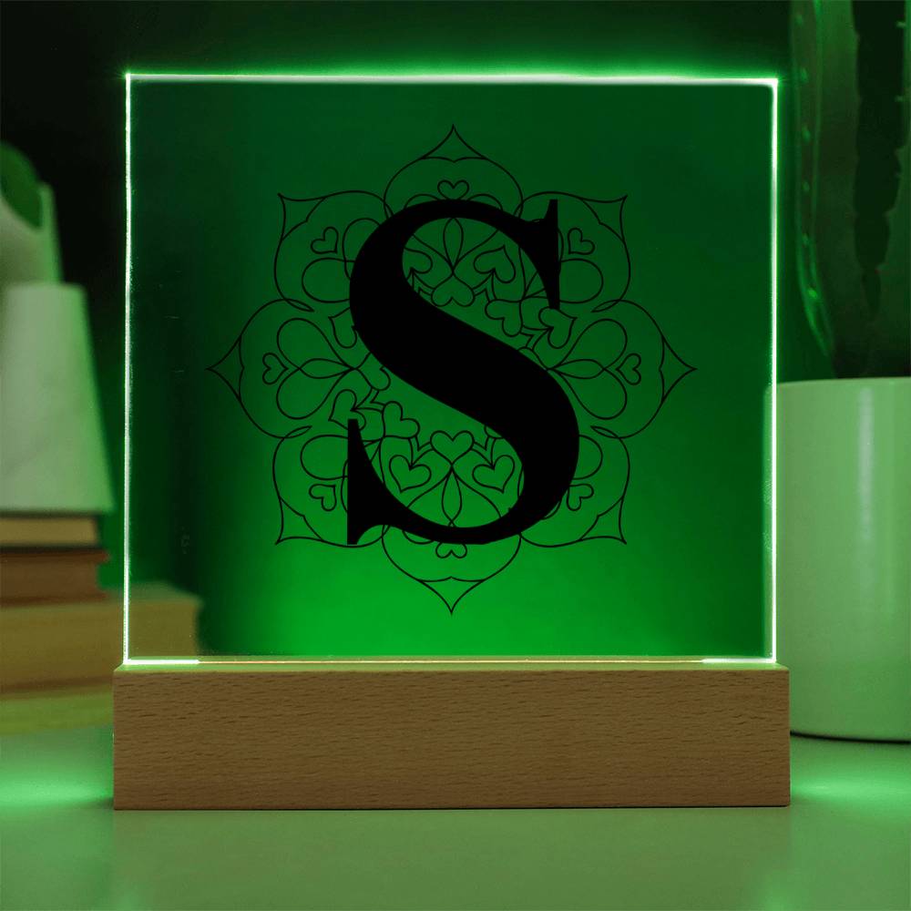 Magnolia Mandala Alphabet Letter S - Square Acrylic Plaque With LED Base
