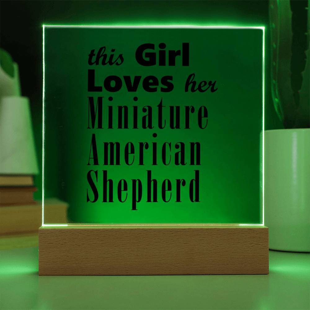 Miniature American Shepherd - Square Acrylic Plaque With LED Base