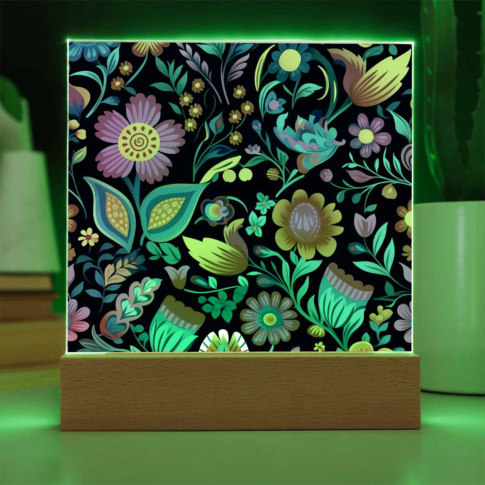 Mexican Floral Fiesta Pattern 049 - Square Acrylic Plaque With LED Base