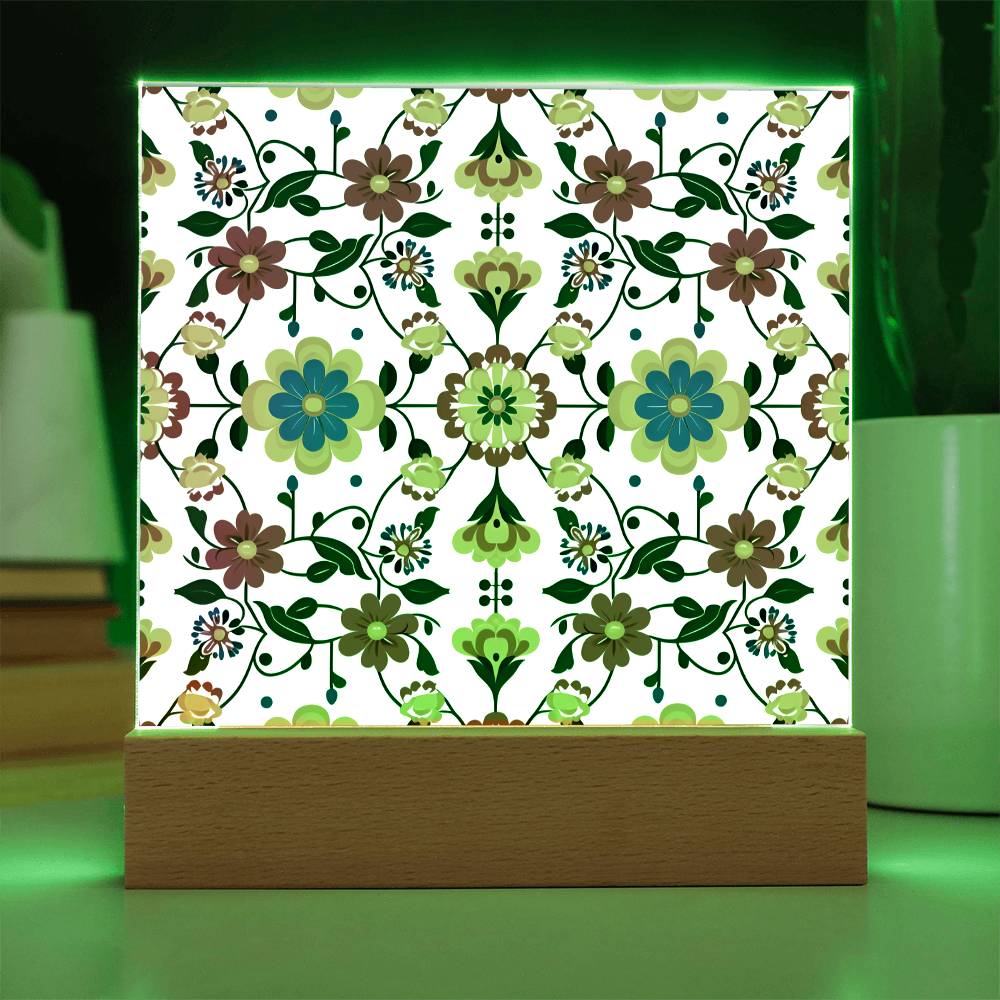 Mexican Floral Fiesta Pattern 018 - Square Acrylic Plaque With LED Base