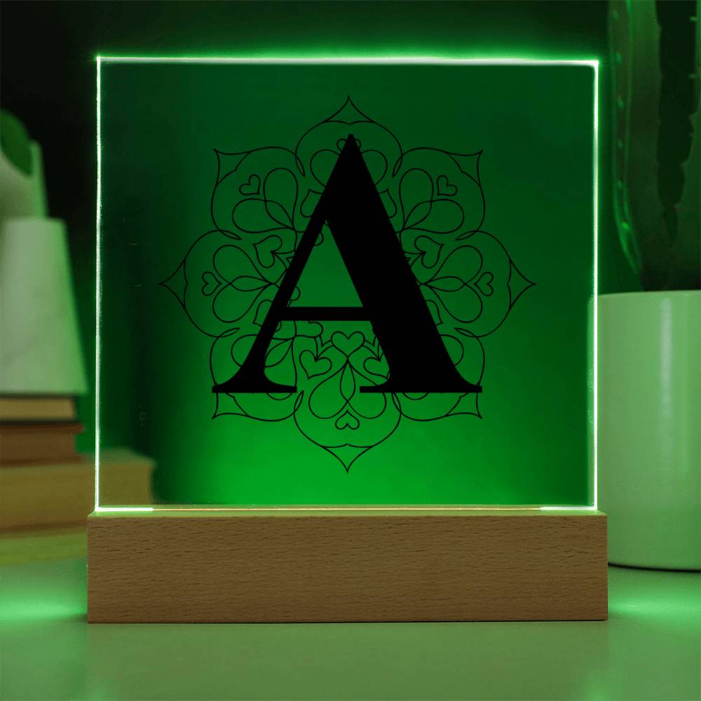 Magnolia Mandala Alphabet Letter A - Square Acrylic Plaque With LED Base