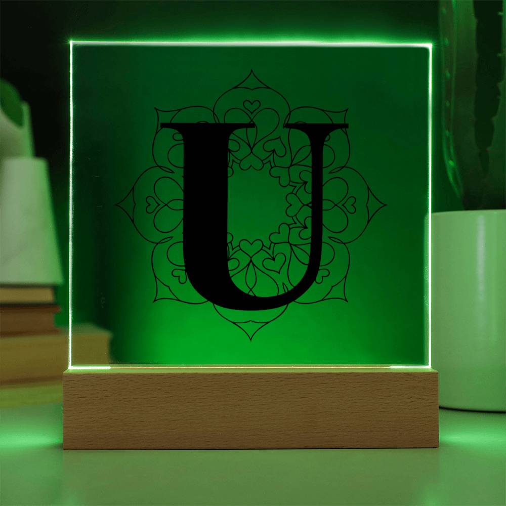 Magnolia Mandala Alphabet Letter U - Square Acrylic Plaque With LED Base